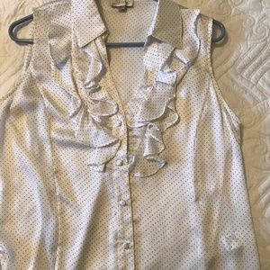Tahari Arthur S Levine White/Black Polka Dot Ruffle Button Down Blouse Size M